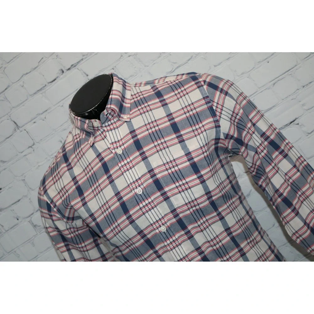 J Crew Dress Shirt Mens Medium Blue Pink Plaid Slim Fit Long Sleeve Button Down